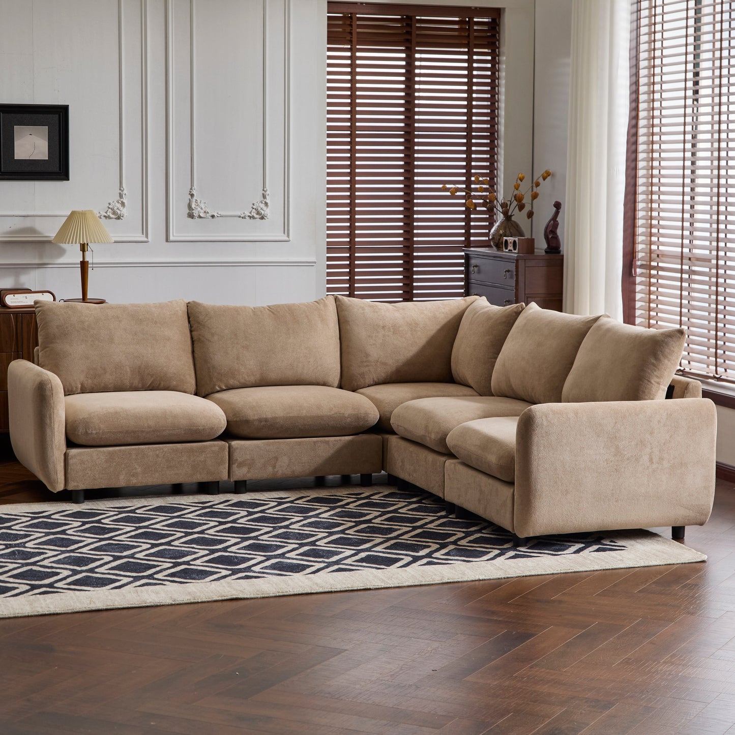 Sectional Sofa Modular Velvet Camel 5 Seat 99 In Eucalyptus Frame
