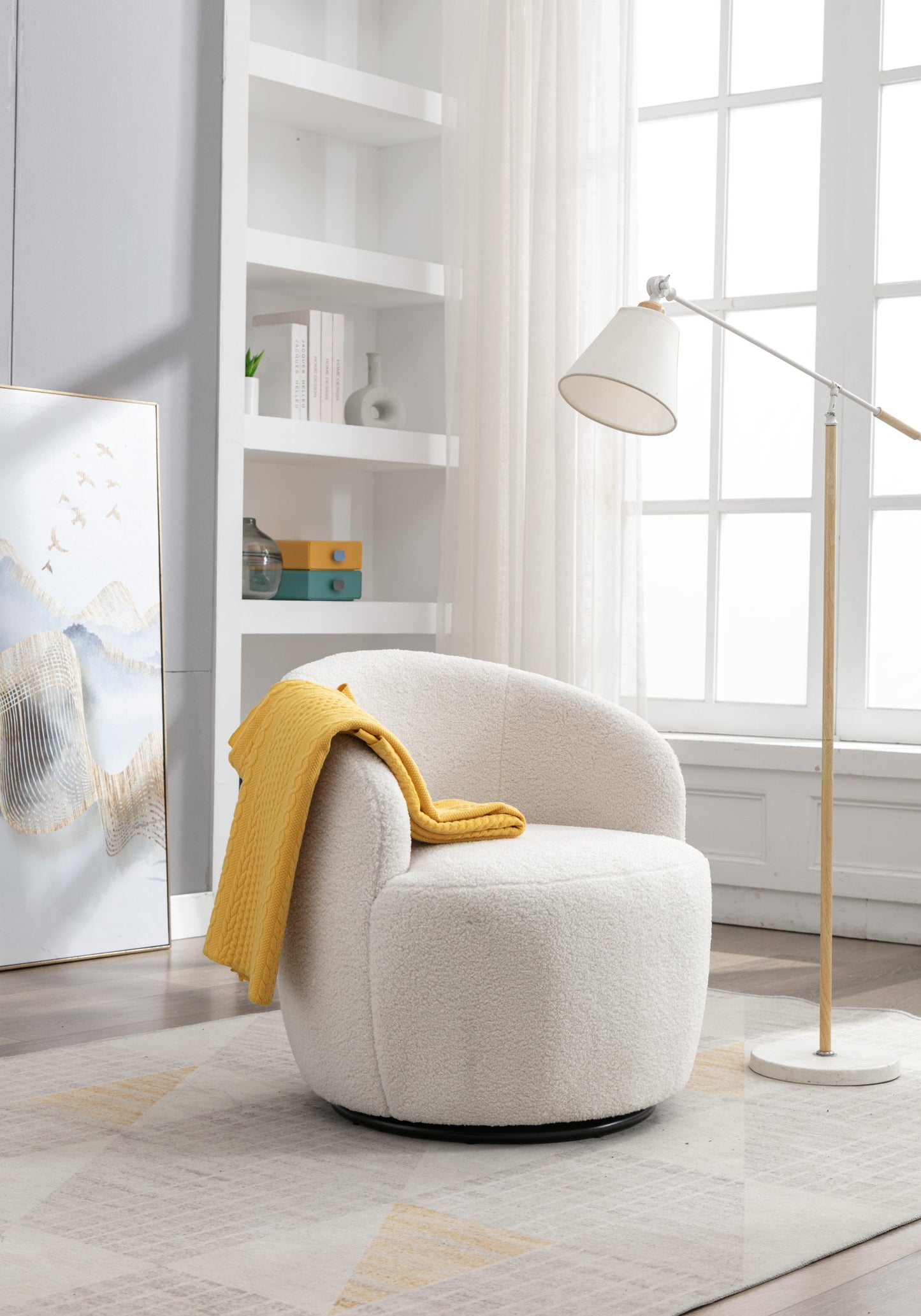 Accent Chair Swivel Barrel Teddy Fabric Ivory Black Ring Base 360 Degree 250 LB