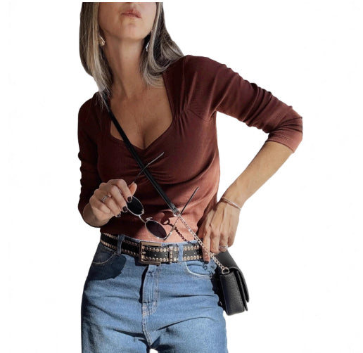 Womens Solid-color Slim-fit Long-sleeve Top