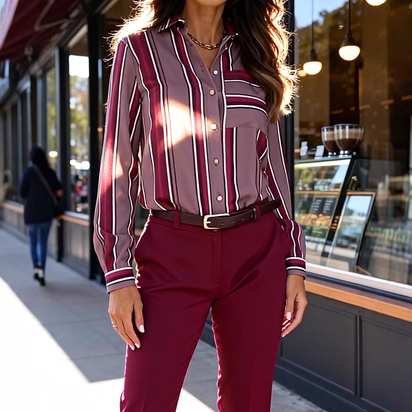 Elegant Sophisticated Striped Patchwork Print Blouse With Long Sleeves For Workwear