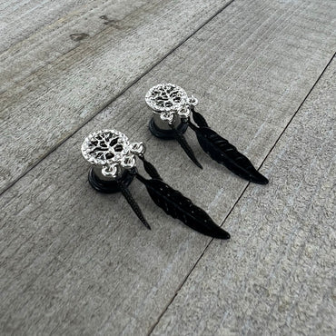 0G Clear Gem Steel Single Flare Tree of Life Dangle Plug Set