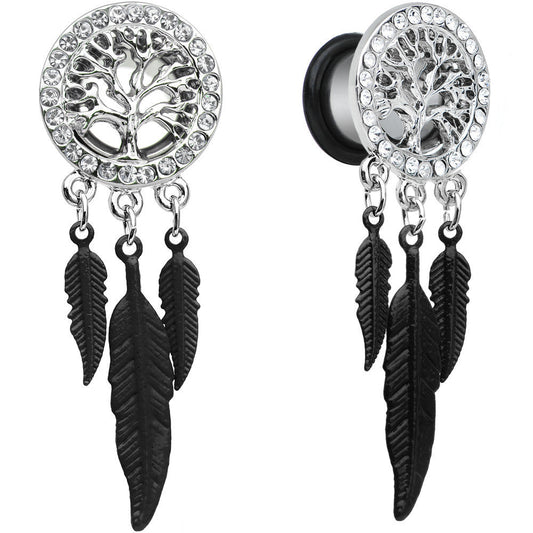 00G Clear Gem Steel Single Flare Tree of Life Dangle Plug Set