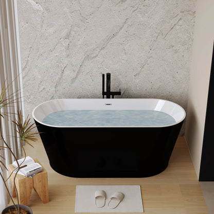 59in Glossy Black Acrylic Freestanding Soaking Tub with Chrome Drain, cUPC