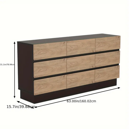 Dresser Modern 9-Drawer Oak MDF Handleless 62.9x15.6x31.1 In