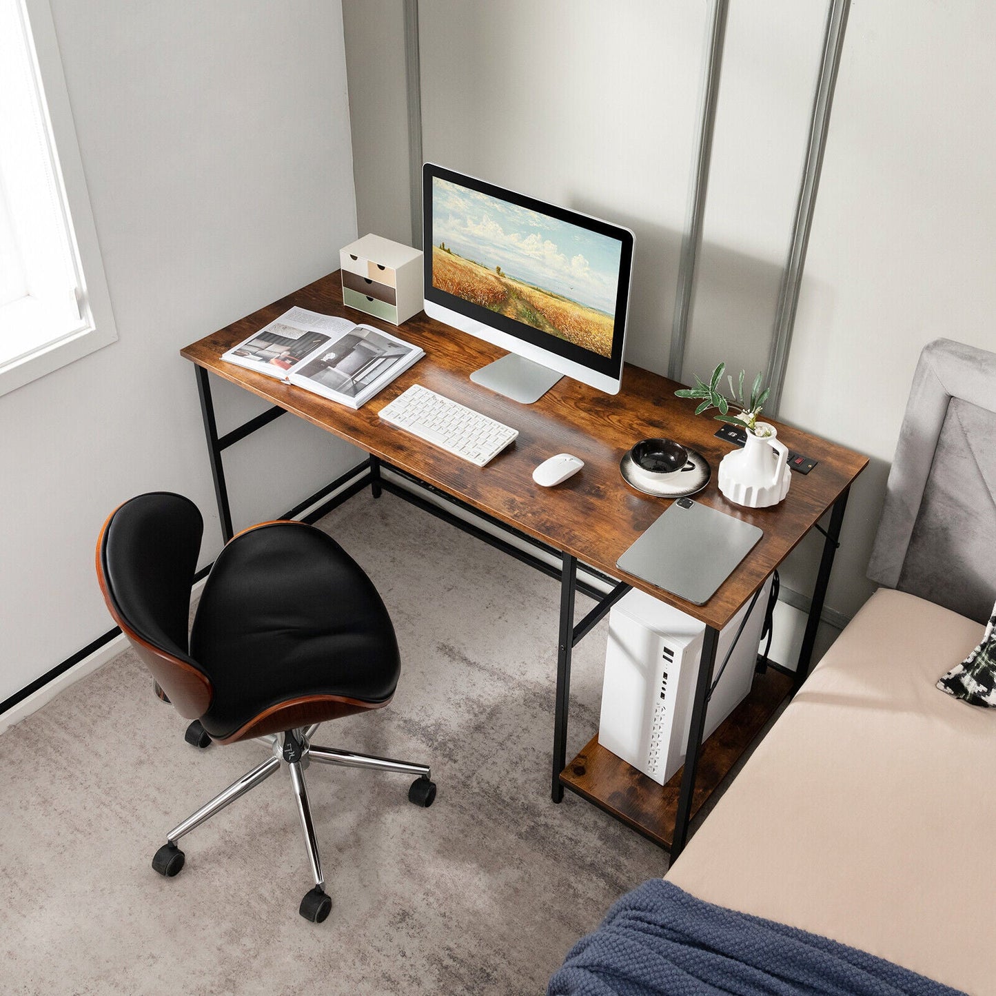 55 Inch Computer Desk with 4 Power Outlets and CPU Stand