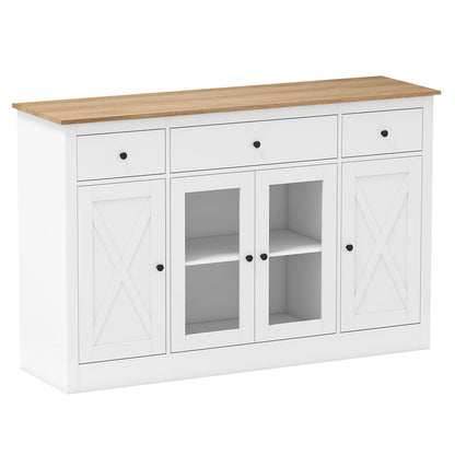 55" Large Buffet Sideboard Kitchen Storage Cabinet with 3 Drawers 2 See-through Doors Adjustable Shelves Wine Bar Table