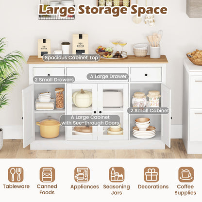 55" Large Buffet Sideboard Kitchen Storage Cabinet with 3 Drawers 2 See-through Doors Adjustable Shelves Wine Bar Table