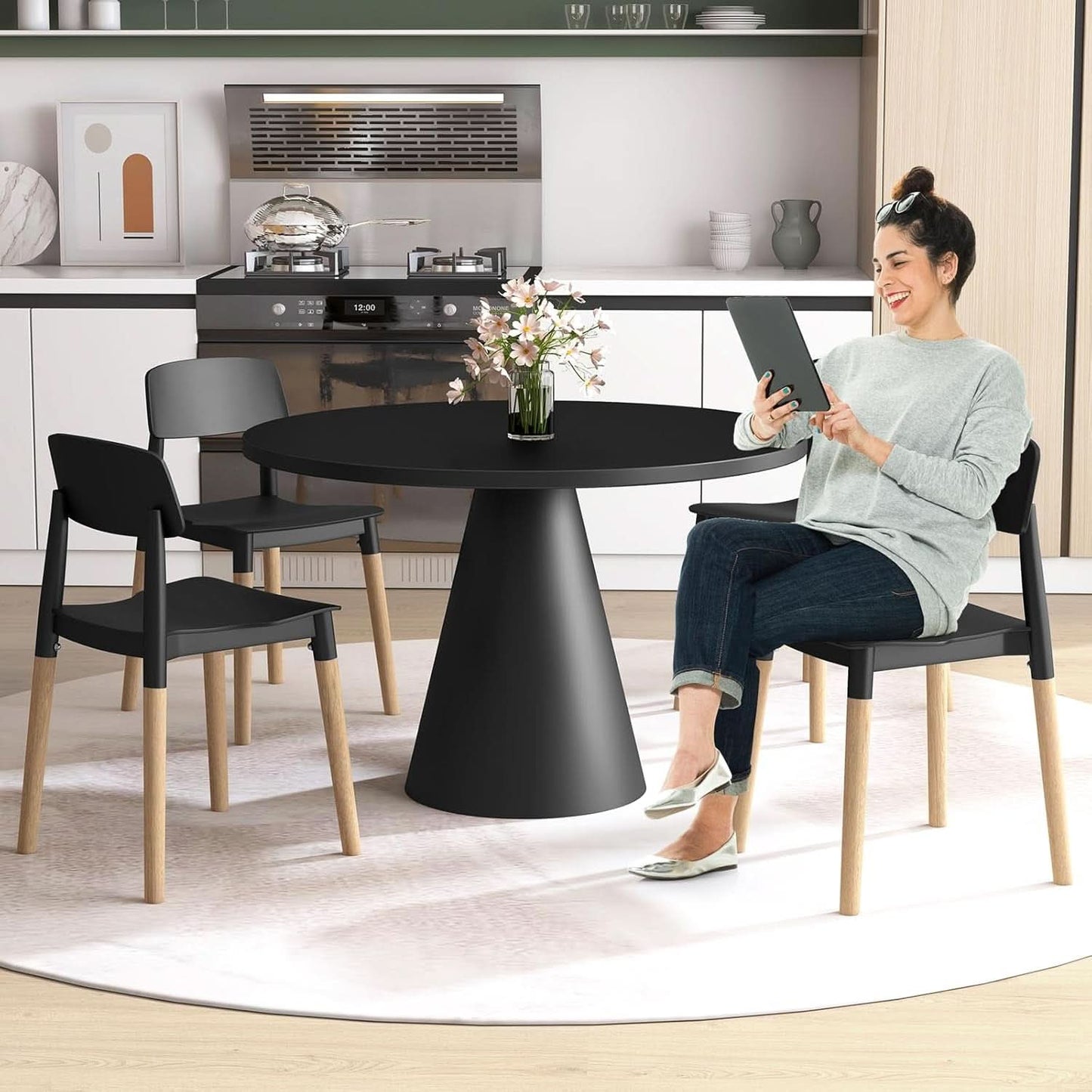 Wooden Dining Chairs Set of 4 Black Ergonomic Backrest