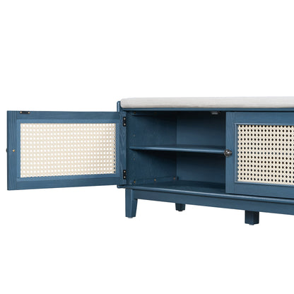 Boho Rattan Entryway Bench with Storage, Cushioned Shoe Bench with Double