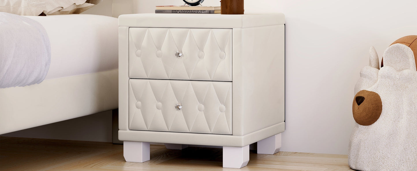 Velvet Nightstand with 2 Drawers, Crystal Handle, Button-Tufted, Beige
