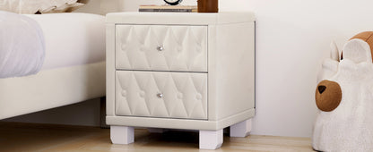 Velvet Nightstand with 2 Drawers, Crystal Handle, Button-Tufted, Beige