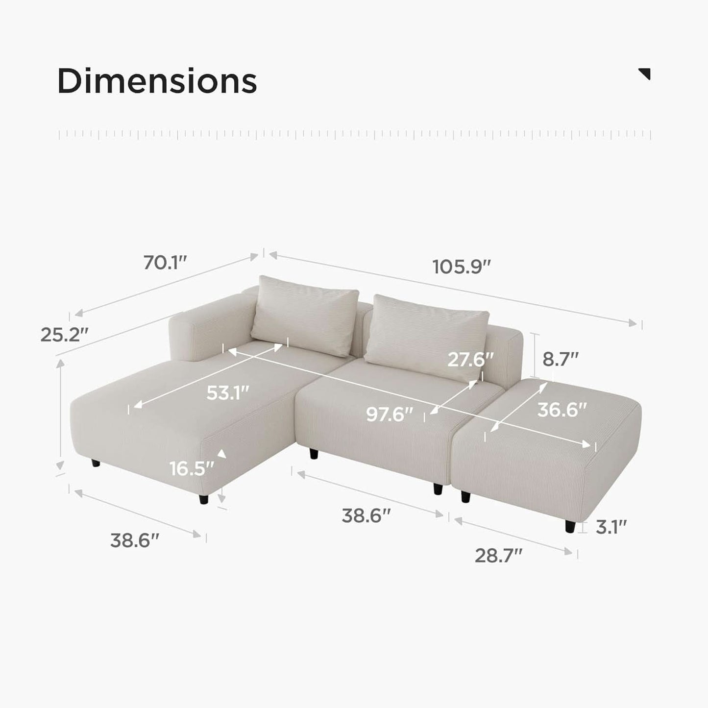 Soft Corduroy Sectional Sofa Set L Shaped Cream Modular