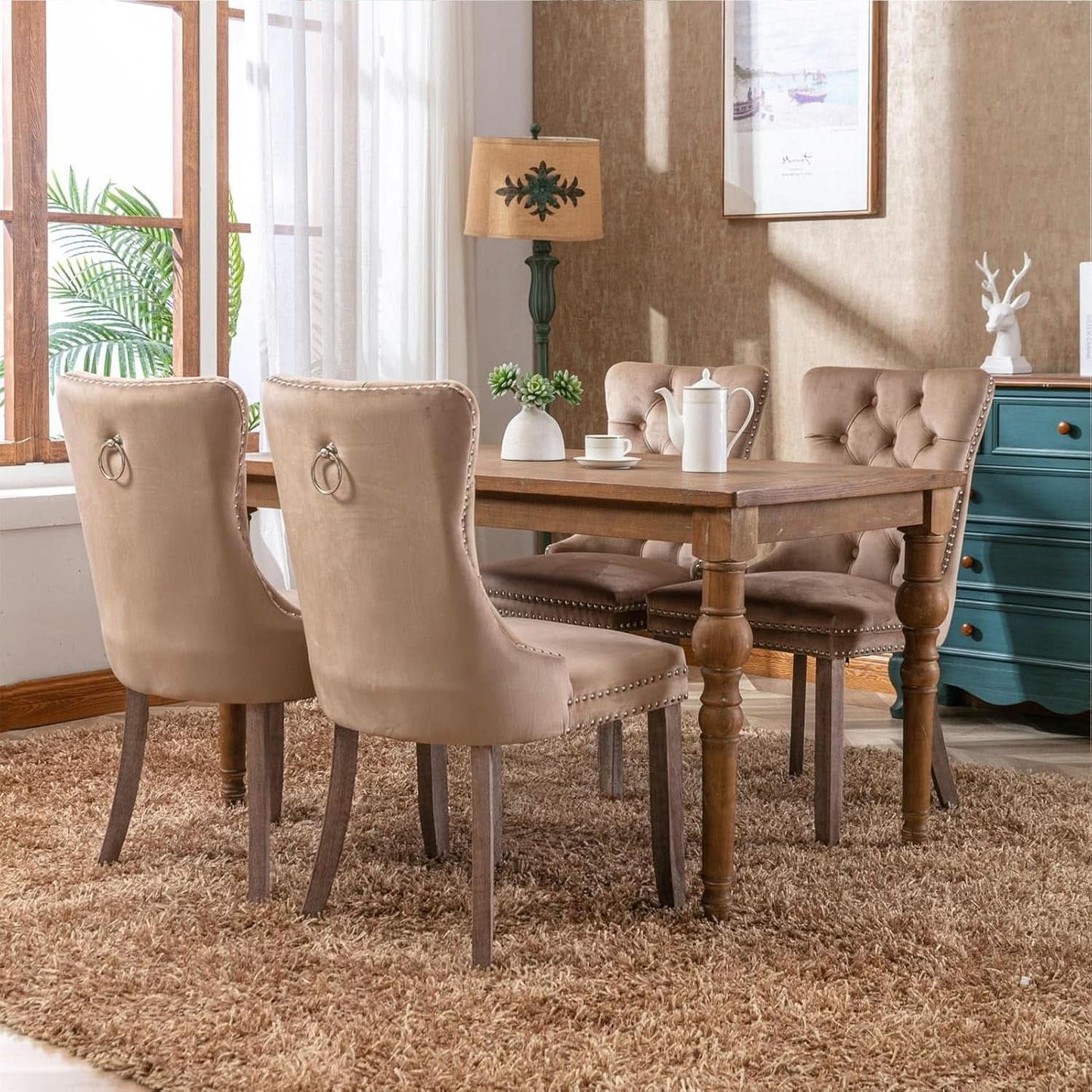 Khaki Velvet Dining Chairs Set of 4 With Button Back