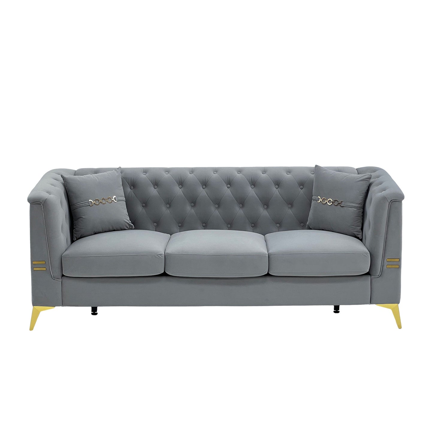 Mid-Century Velvet Sofa Set 2pc Tufted Gray Gold Legs