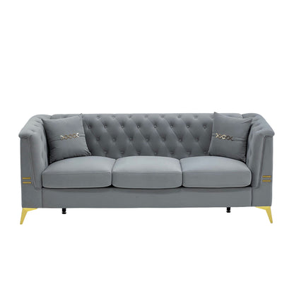 Mid-Century Velvet Sofa Set 2pc Tufted Gray Gold Legs