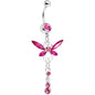 Pink Gem Butterfly Dangle Belly Ring