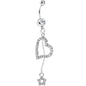 Clear Paved Heart and Star Dangle Belly Ring