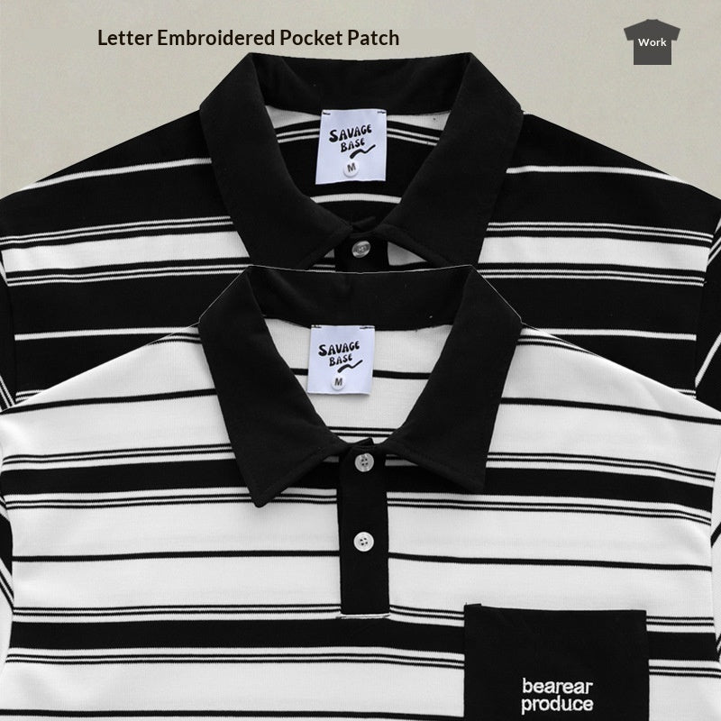 Loose-fitting Polo Shirt With A Lapel Collar Short-sleeved Striped T-shirt