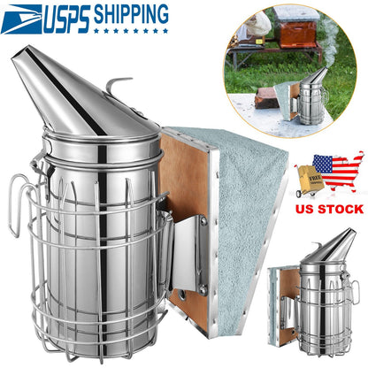 Bee Hive Smoker 11-Inch Heavy Duty Stainless Steel with Metal Heat Shield Storage Hook Beekeeping Equipment Tool