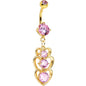 Pink Cubic Zirconia Gold PVD Trio of Hearts Dangle Belly Ring