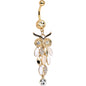 Clear Gem White Faux Opal Gold Anodized Feather Owl Dangle Belly Ring