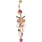 Pink Gem White Faux Opal Gold Anodized Feather Owl Dangle Belly Ring