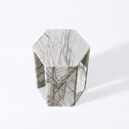 White Marble Hexagon Side Table, 15.7 in, Geometric Stone, Polished Pedestal