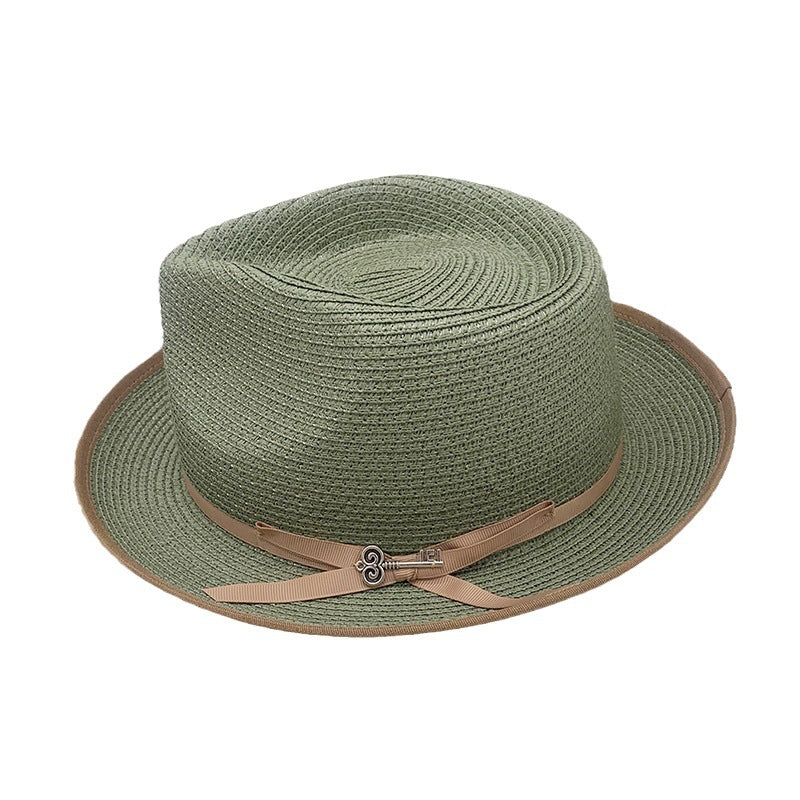 Olive Green Rolled-brim Straw Hat With Bow For Sun Protection Artistic Style For Men And Women