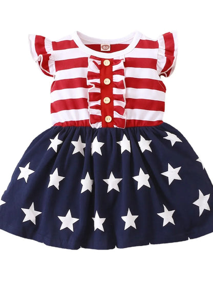 Striped & Stars Ruffled Round Neck Cap Sleeve Dress