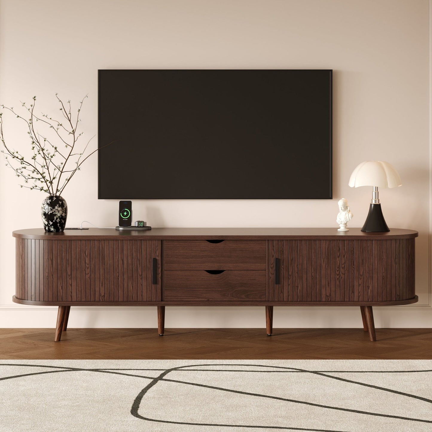 TV Stand Mid-Century Dark Brown MDF Tambour Door 2 AC 2 USB Fits 80 In TV