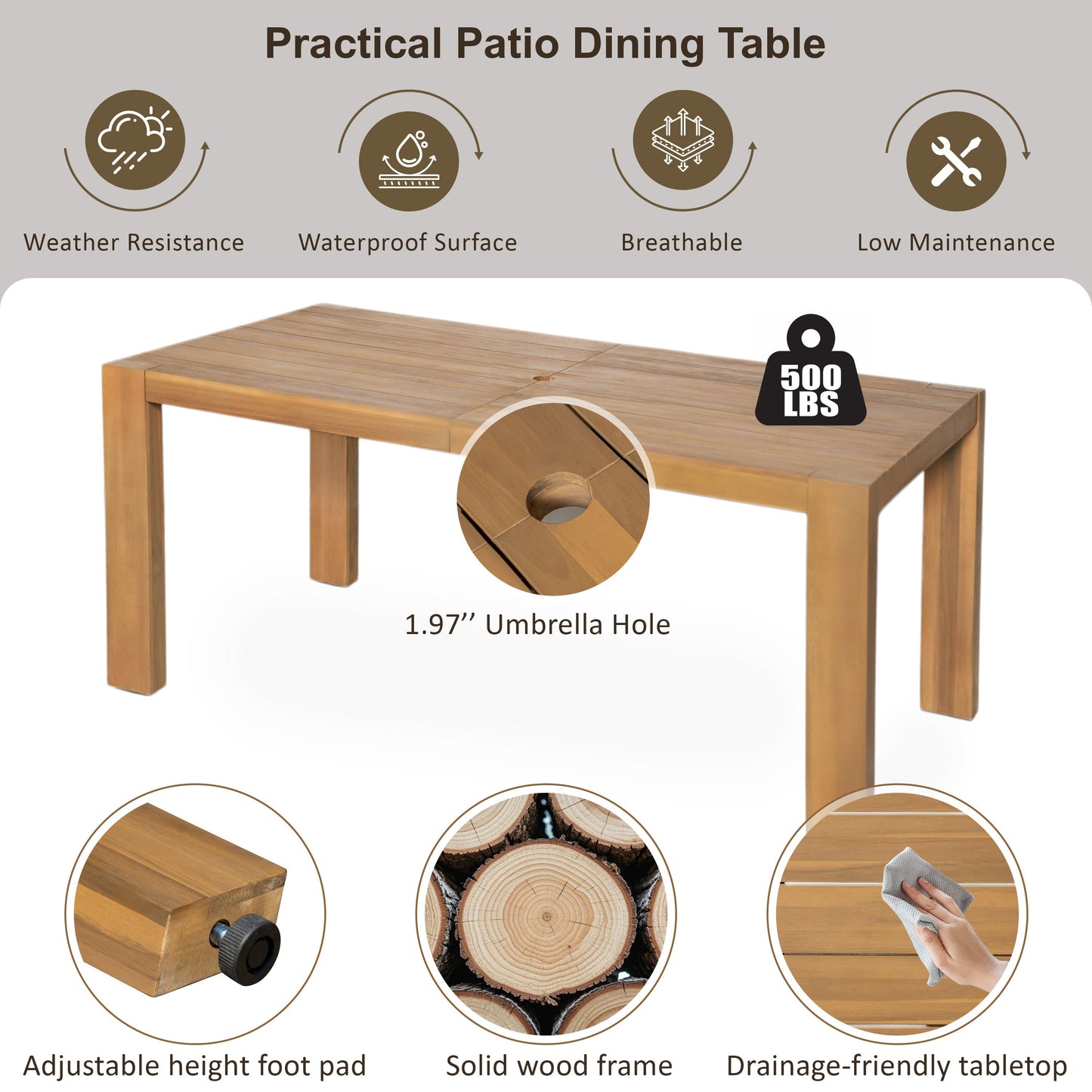 Outdoor Dining Set Acacia Wood Light Teak 7 Piece Rectangle Seats 6