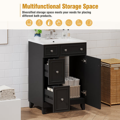 Transitional Bathroom Vanity Cabinet with Ceramic Sink, 24-Inch, Black, Solid...