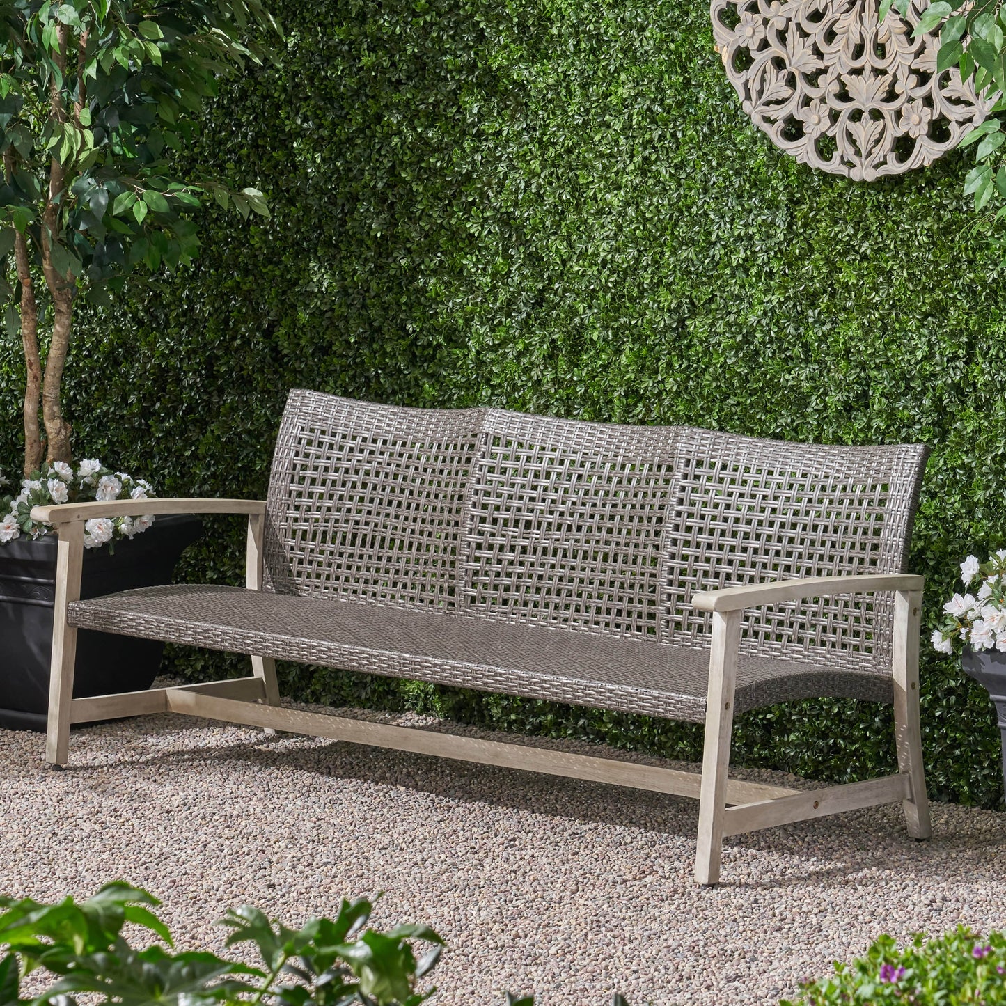 Outdoor Sofa Acacia Wood Wicker 3 Seater Gray 75.5in