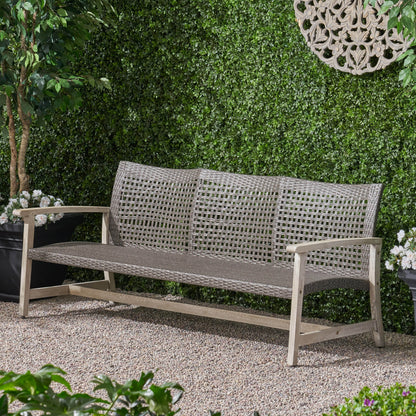 Outdoor Sofa Acacia Wood Wicker 3 Seater Gray 75.5in