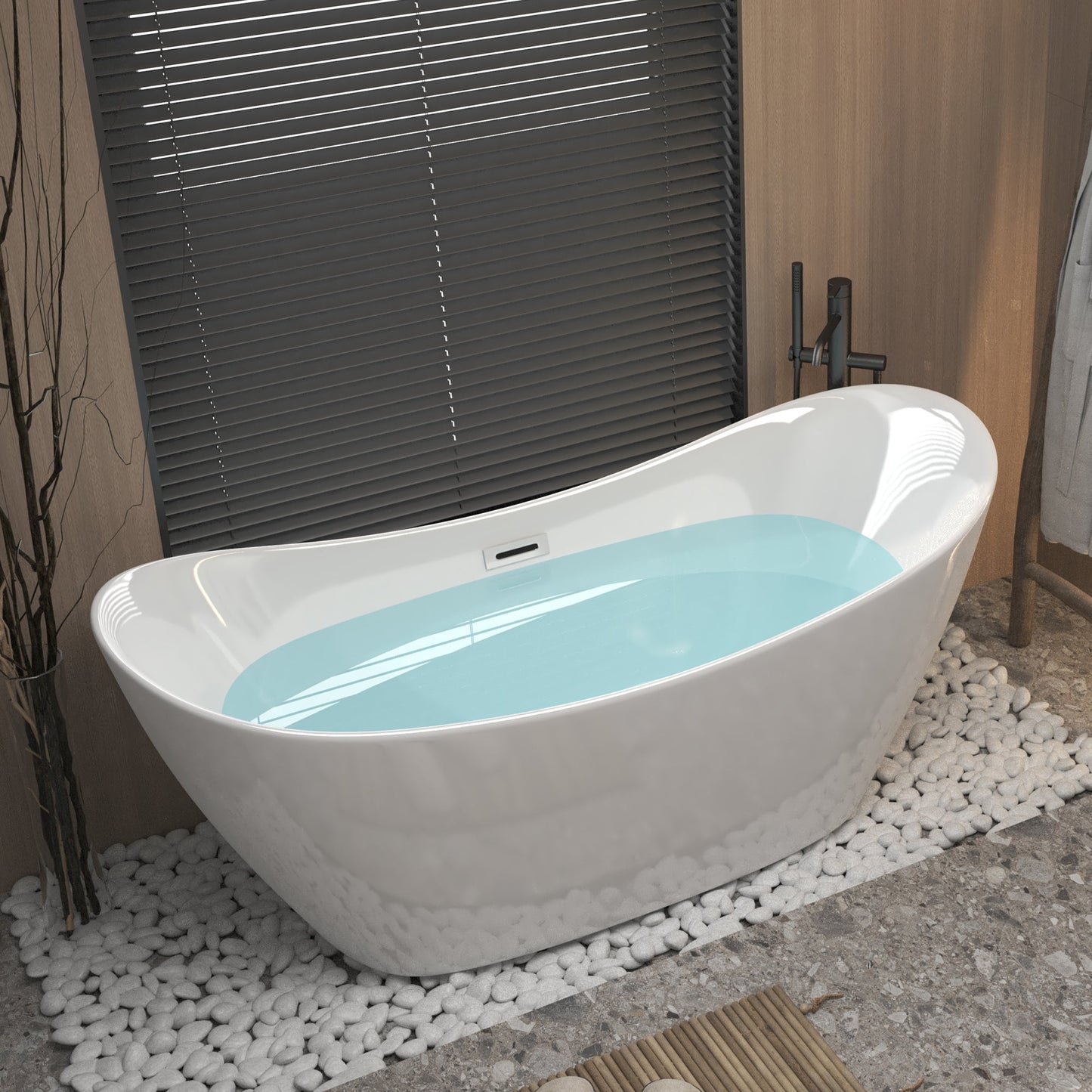 Modern Acrylic Freestanding Tub, Gloss White, Chrome Overflow and Pop-Up Drain
