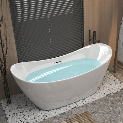 Modern Acrylic Freestanding Tub, Gloss White, Chrome Overflow and Pop-Up Drain
