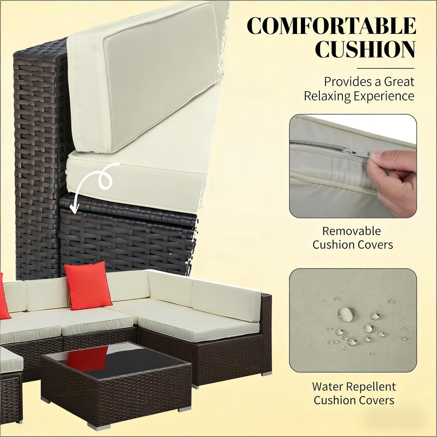 7 Piece Outdoor Sectional Set PE Rattan Beige Cushion