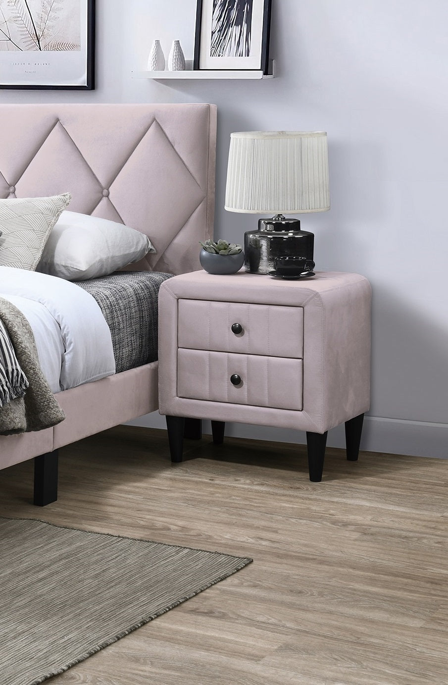Light Pink Velvet Nightstand with 2 Drawers, Sleek Design, Tempered Legs