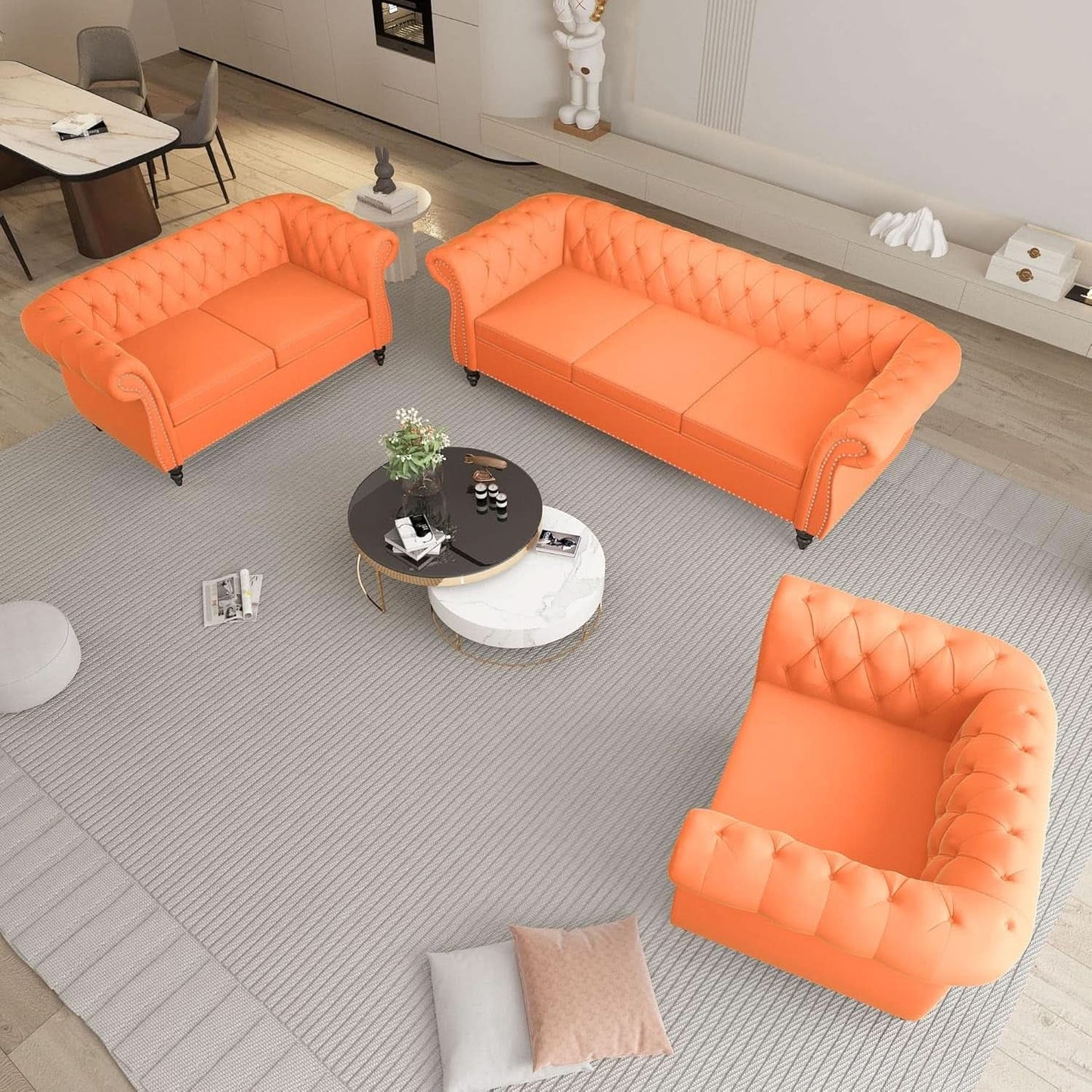 Three Piece Orange Sectional Sofa Set Tufted Living Room