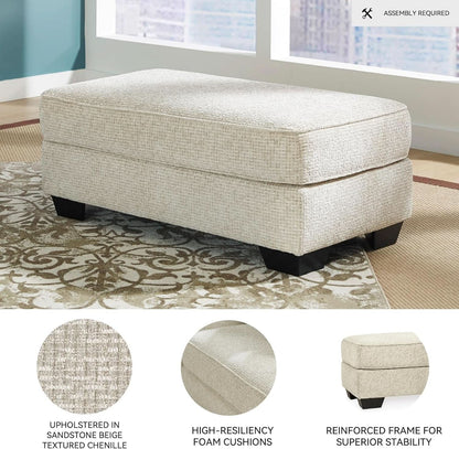 Beige Chenille Upholstered Ottoman With Cushioned Comfort