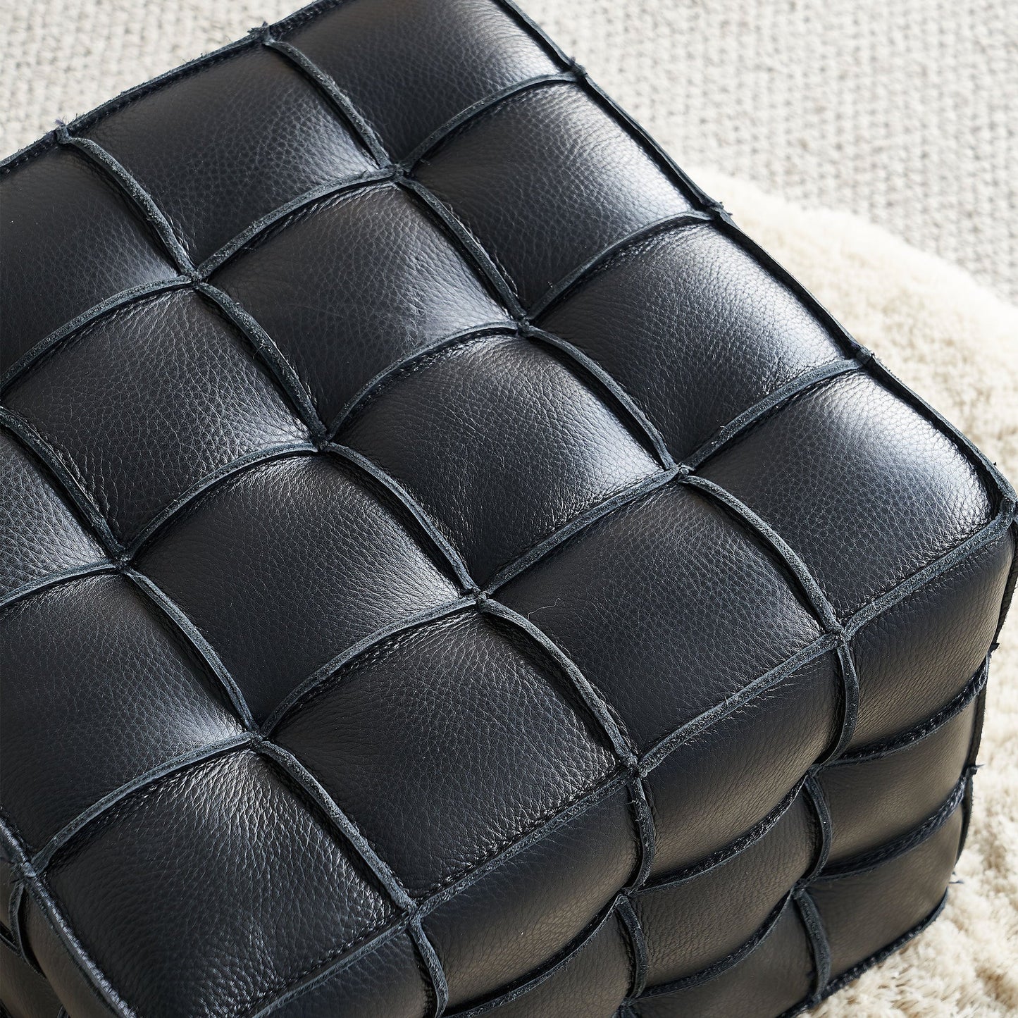 17.32'' Quality Leather Tufted Ottoman Footstool for Living Room, Black