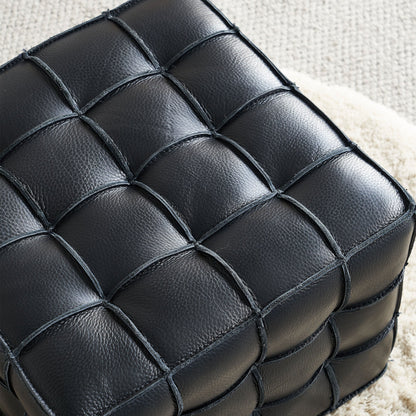 17.32'' Quality Leather Tufted Ottoman Footstool for Living Room, Black