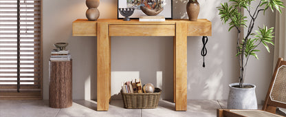 Rustic Console Table, Hidden Drawer, Side Power Outlet, Entryway Table, Natural