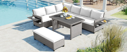 Outdoor Sectional Set PE Rattan Steel White 5 Piece Seats 7 Extendable