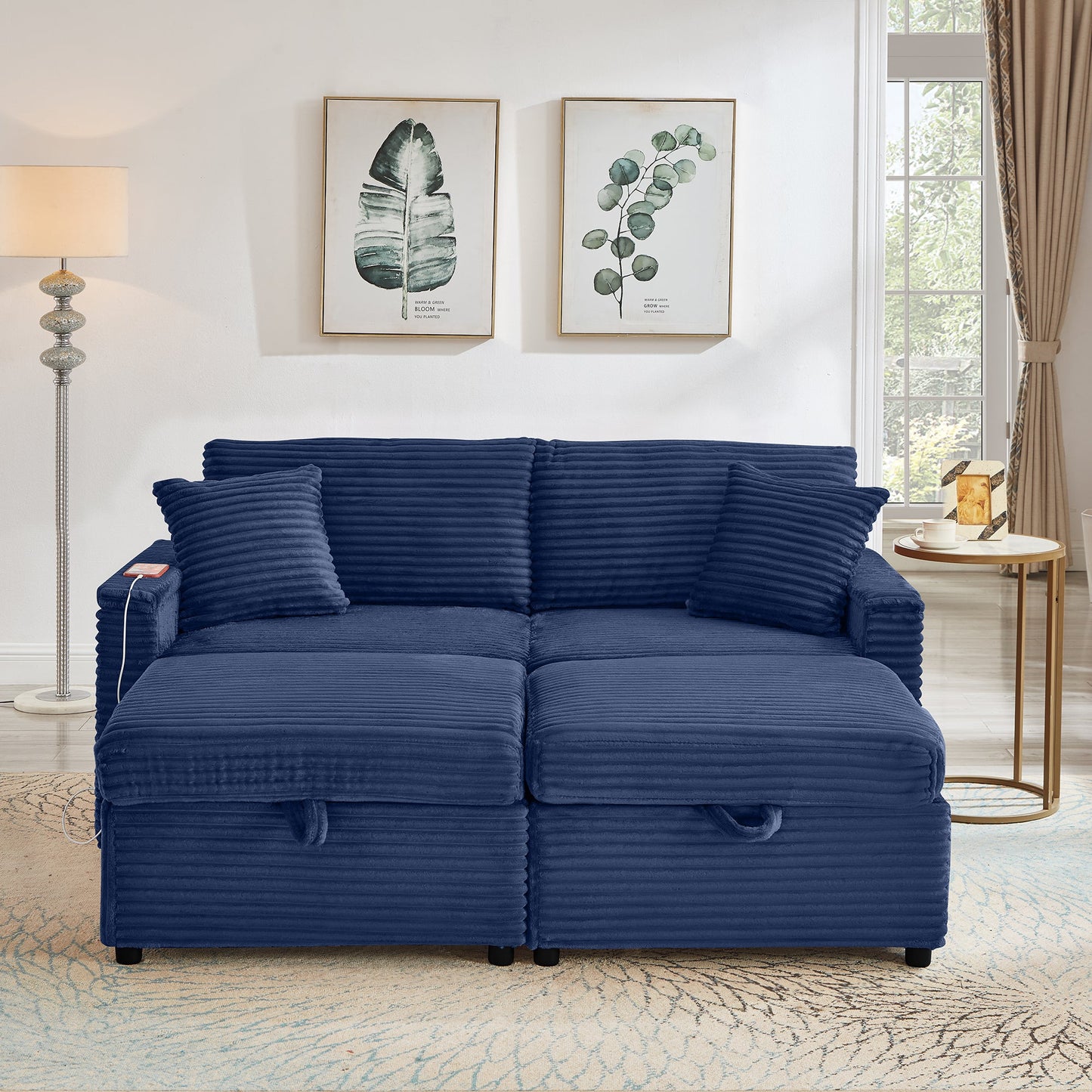 Convertable Loveseat L-Shape Corduroy Blue Storage Chaise 2 Ottomans USB 69 In