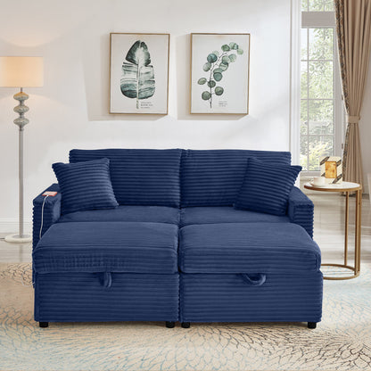 Convertable Loveseat L-Shape Corduroy Blue Storage Chaise 2 Ottomans USB 69 In