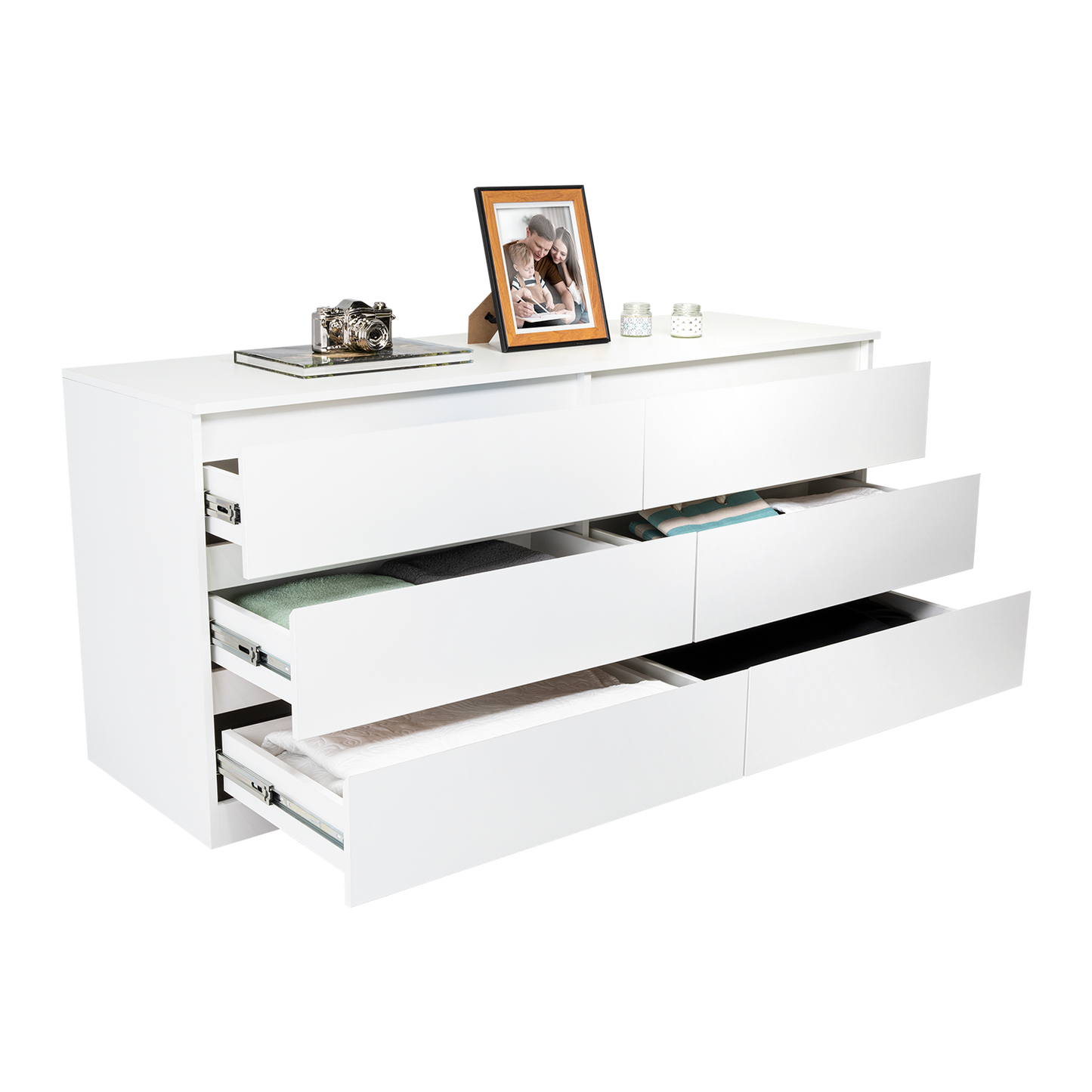 Dresser Minimalist Set of 2 6-Drawer White Particle Board Metal Legs 60.4 In