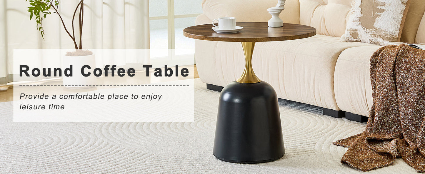 23.6 in Round Side Table, Metal Base, Walnut Wood Grain, Living Room Office