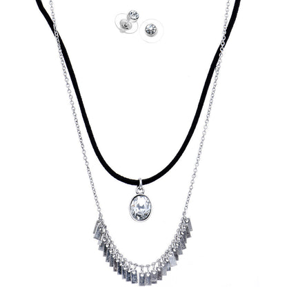 Burnished Silver Clear Necklace and Stud Earring Set