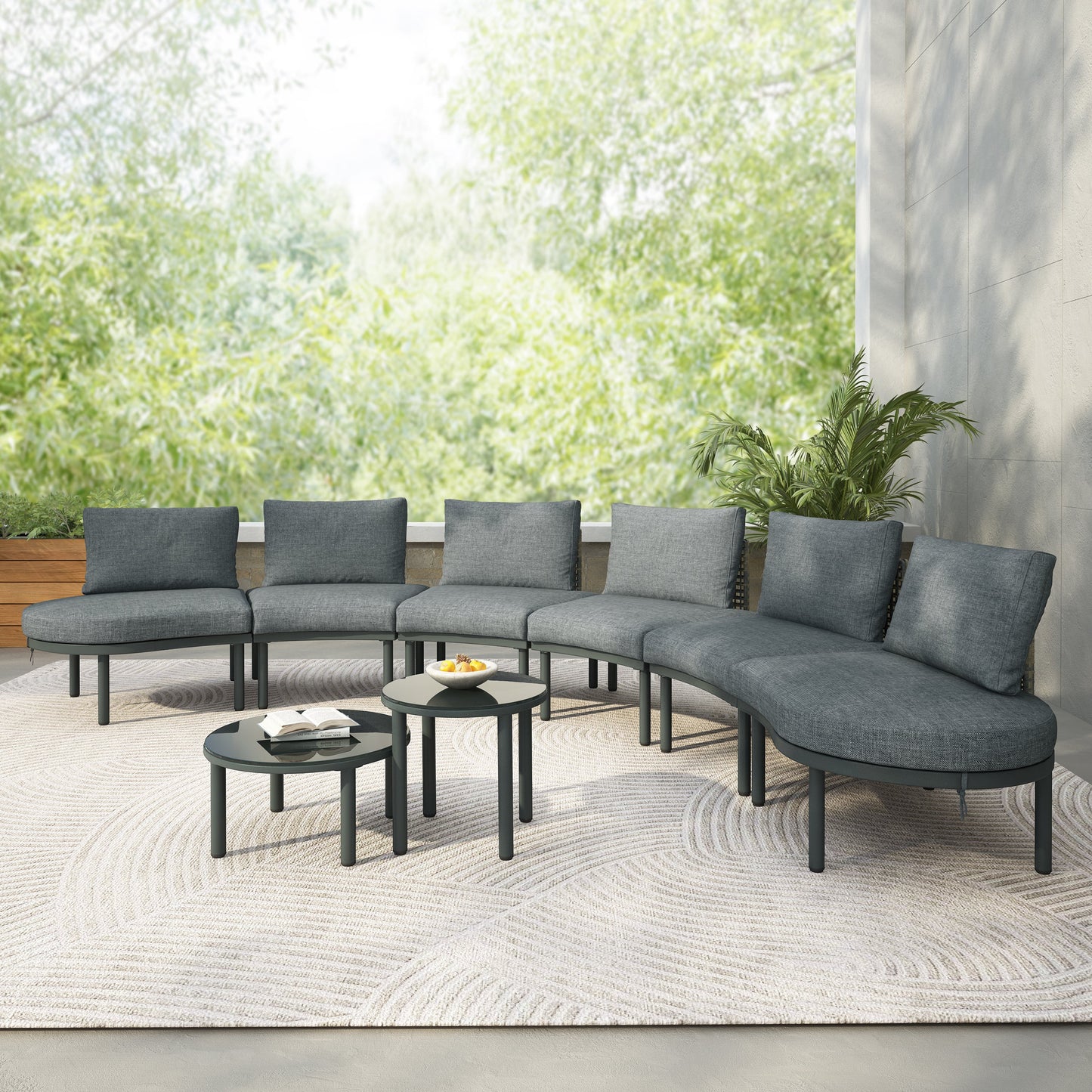 Outdoor Patio Set Half Moon Wicker Aluminum Gray 8 Piece 2 Tables